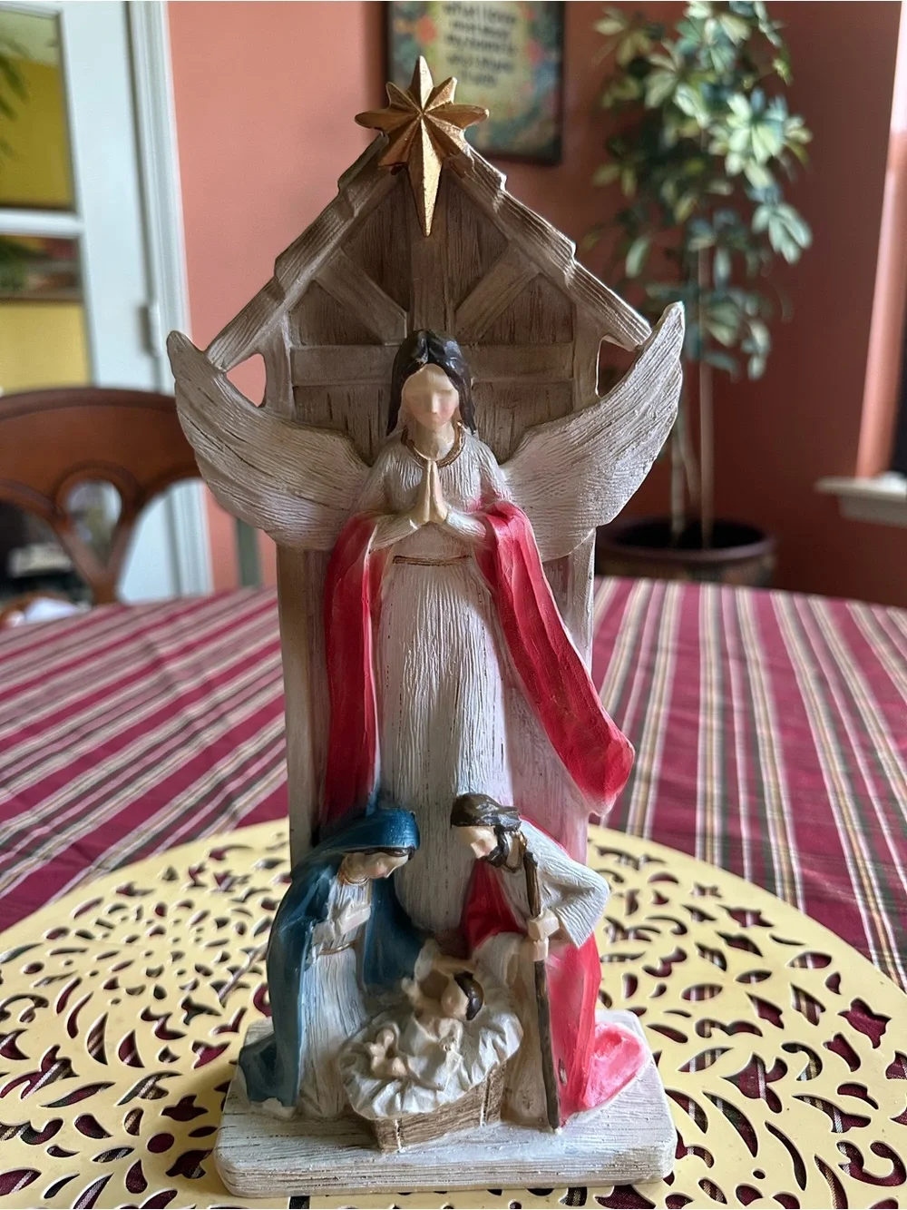 Hand-Painted Nativity Figurine with Angel in Red and Blue